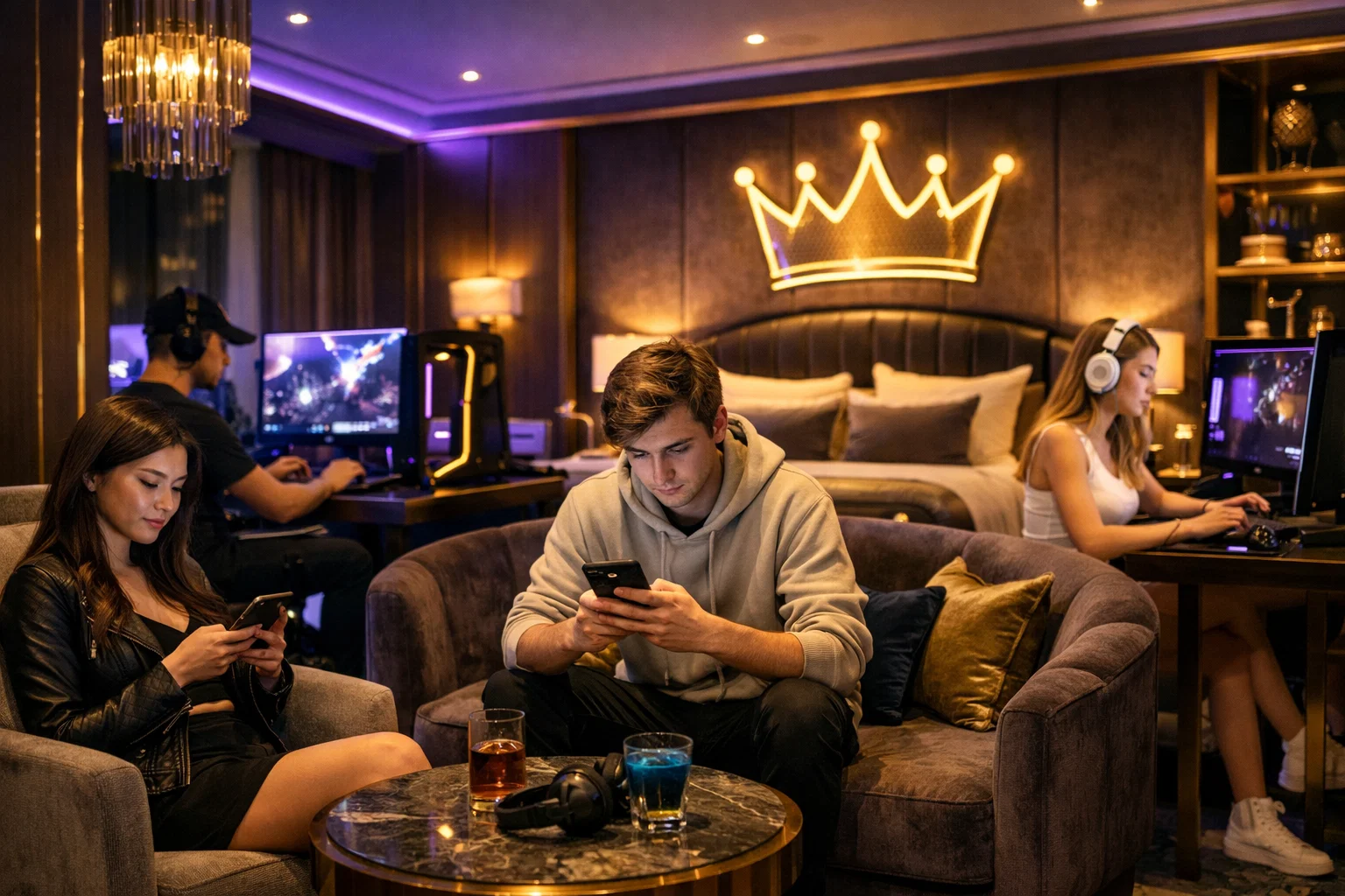 Gaming hotel concept with players and crown-style visuals